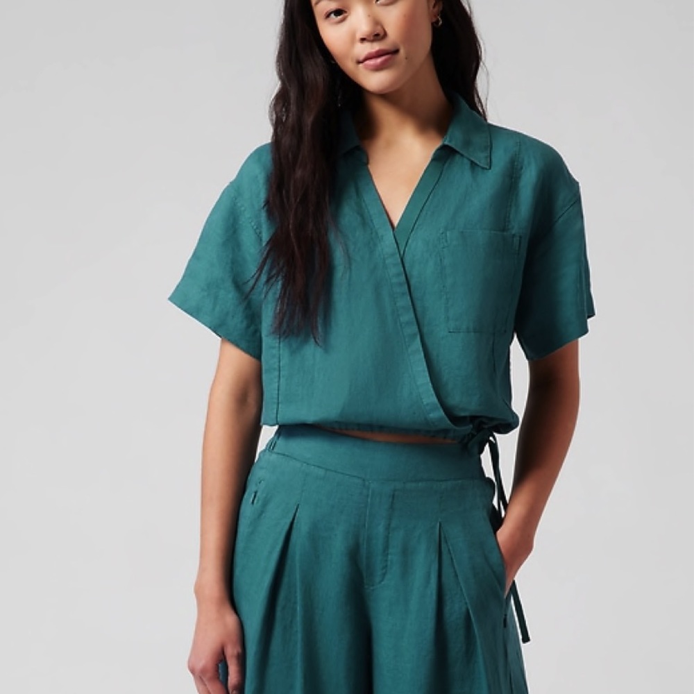 Athleta Playa Linen Tie Top in Borealis Green Size M